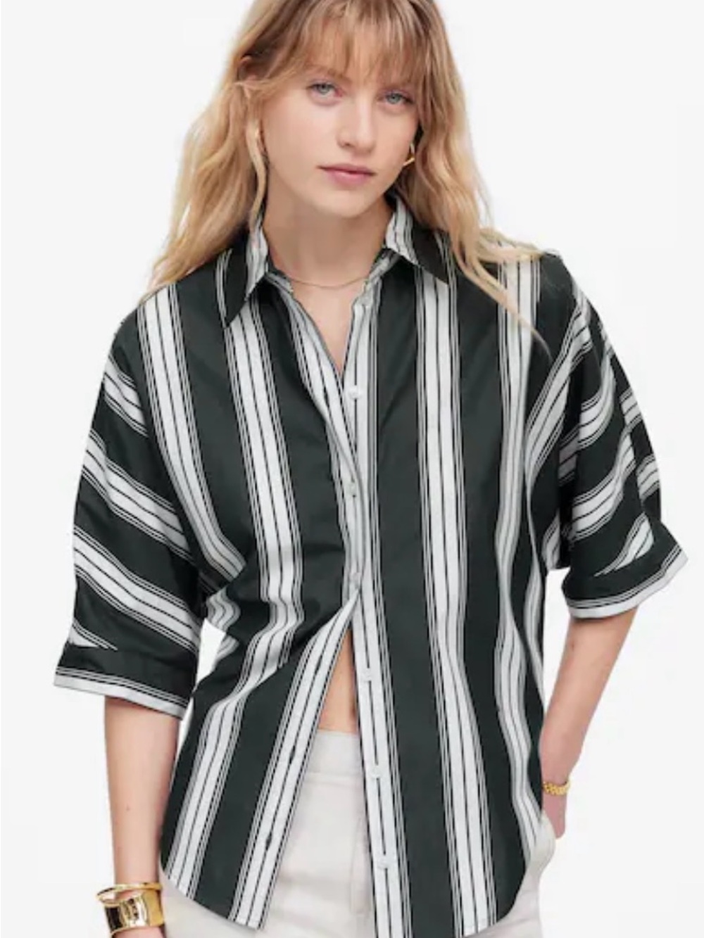 Madewell Green & White Vertical-Stripe Short-Sleeve Button-Down